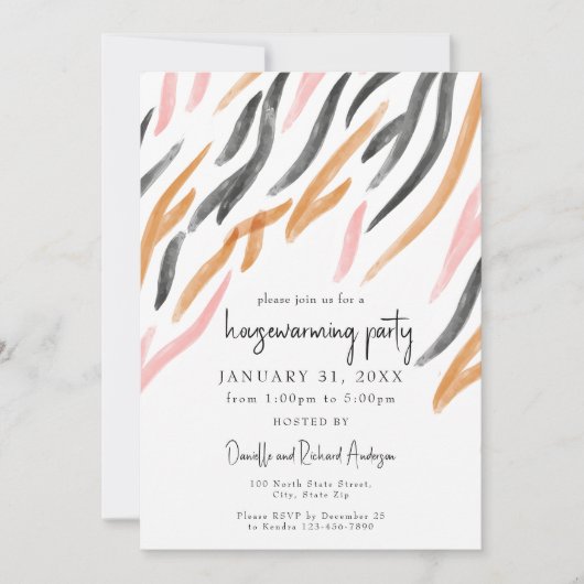 水モダン色デコストライプの引っ越し祝いパーティーパーティー 招待状 (正面)