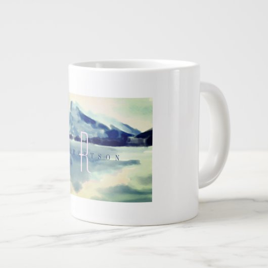 水モダン色ネイビーブルーマウンテンモノグラム ジャンボコーヒーマグカップ (正面右)