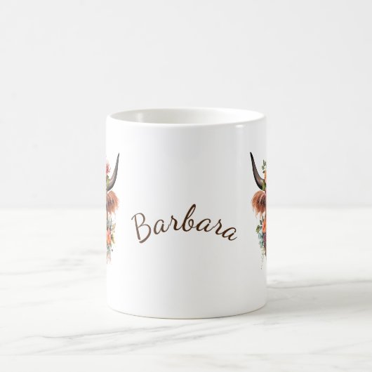 水モダン色ハイランド牛と花 コーヒーマグカップ (中央)