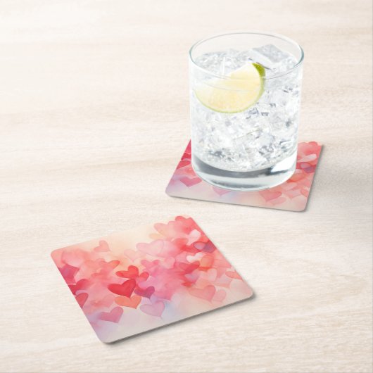 水モダン色ハートパターン赤オレンジ スクエアペーパーコースター (インサイチュ)