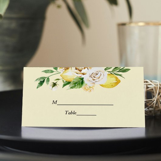 水モダン色パステルイエローレモン&リーフ プレイスカード