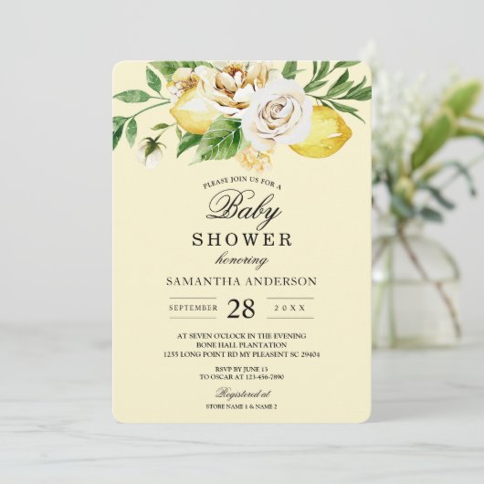 水モダン色パステルイエローレモン&リーフ 招待状 (スタンド正面)