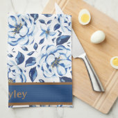 水モダン色パステルブルー花パターン名 キッチンタオル (四つ折り)