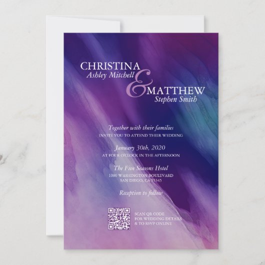 水モダン色パープルネイビー結婚ルのQRコード 招待状 (正面)