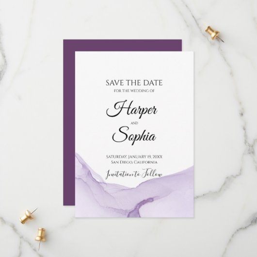 水モダン色パープル結婚ズ セーブザデート (正面/裏面インサイチュ)