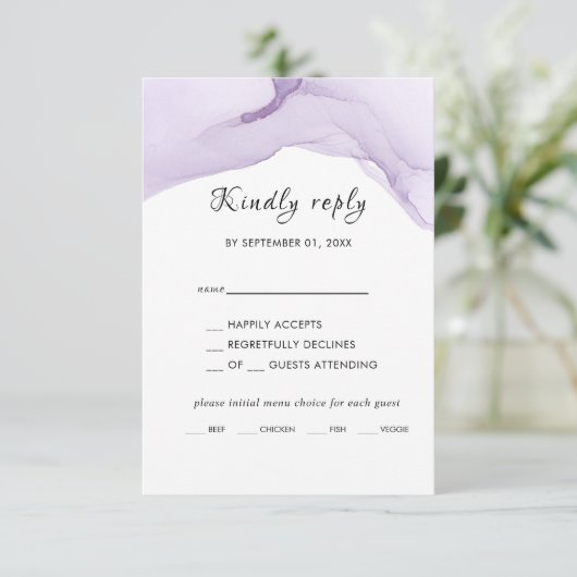 水モダン色パープル結婚ズ 出欠カード (スタンド正面)