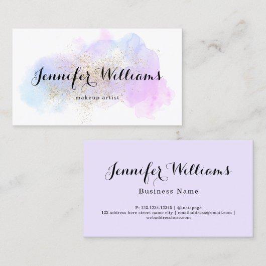 水モダン色パープル金ゴールドメイクアップアーティスト 名刺 (正面/裏面)
