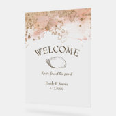 水モダン色パールビーチ結婚式へようこそ アクリルサイン (傾斜)