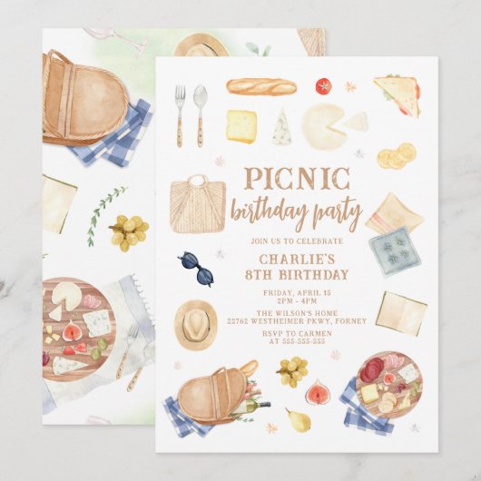 水モダン色ピクニック誕生日 招待状 (正面/裏面)