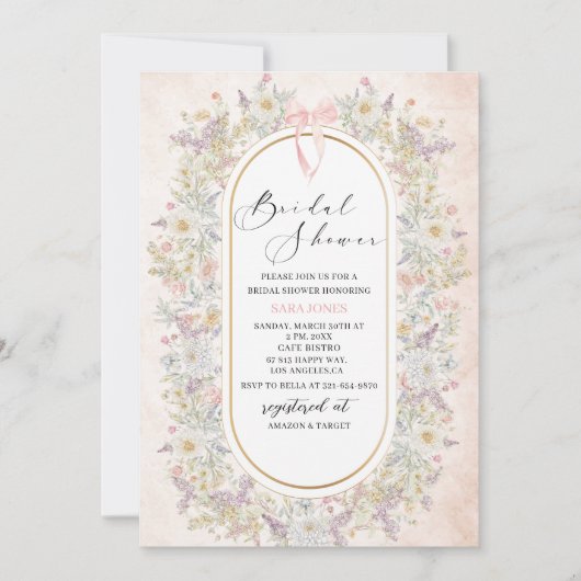 水モダン色ピンクの弓レトロ花ブライダルSh 招待状 (正面)