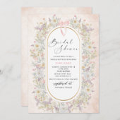 水モダン色ピンクの弓レトロ花ブライダルSh 招待状 (正面/裏面)