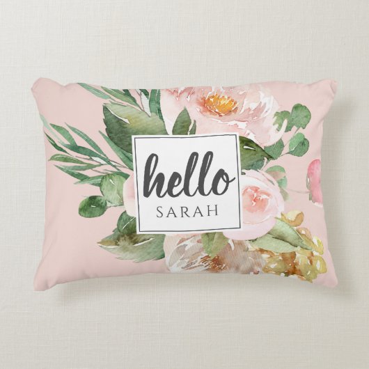 水モダン色ピンクの花&こんにちは&名前 アクセントクッション (正面)