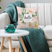 水モダン色ピンクの花&こんにちは&名前 クッション