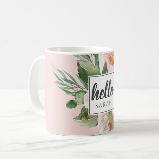 水モダン色ピンクの花&こんにちは&名前 コーヒーマグカップ (正面左)