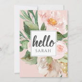 水モダン色ピンクの花&こんにちは&名前 シーズンカード (正面)