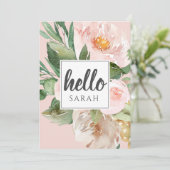 水モダン色ピンクの花&こんにちは&名前 シーズンカード (スタンド正面)