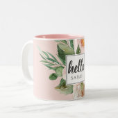 水モダン色ピンクの花&こんにちは&名前 ツートーンマグカップ (正面左)