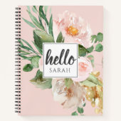 水モダン色ピンクの花&こんにちは&名前 ノートブック (正面)
