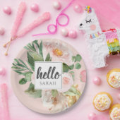 水モダン色ピンクの花&こんにちは&名前 ペーパープレート (パーティー)