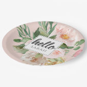 水モダン色ピンクの花&こんにちは&名前 ペーパープレート (アングル)