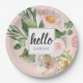 水モダン色ピンクの花&こんにちは&名前 ペーパープレート (正面)