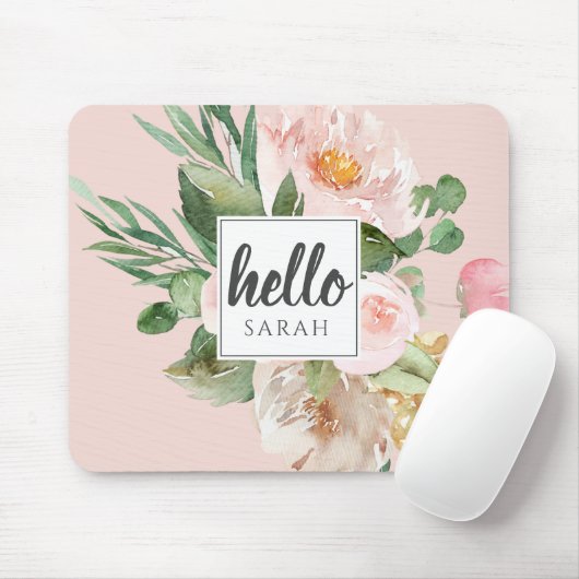 水モダン色ピンクの花&こんにちは&名前 マウスパッド (マウス)