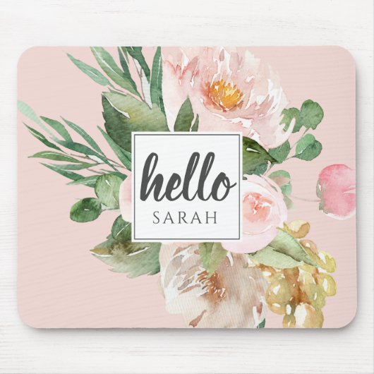 水モダン色ピンクの花&こんにちは&名前 マウスパッド (正面)
