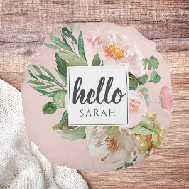 水モダン色ピンクの花&こんにちは&名前 ラウンドクッション