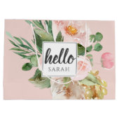 水モダン色ピンクの花&こんにちは&名前 ラージペーパーバッグ (裏面)