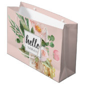 水モダン色ピンクの花&こんにちは&名前 ラージペーパーバッグ (正面アングル)
