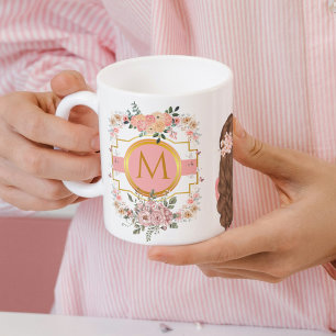 水モダン色ピンクの花Mモノグラム コーヒーマグカップ