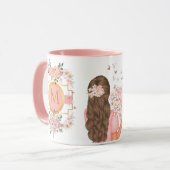 水モダン色ピンクの花Mモノグラム マグカップ (正面左)