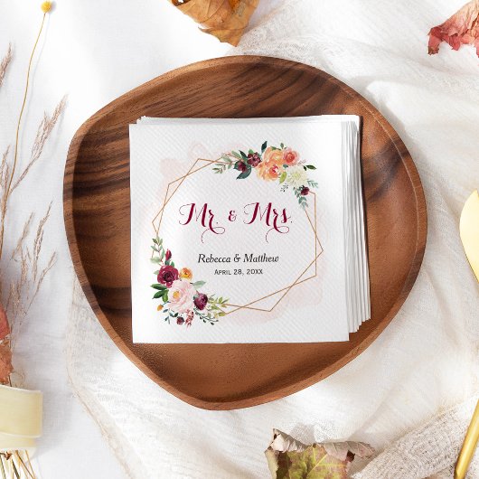 水モダン色ピンクフローラミセス結婚ズ スタンダードカクテルナプキン