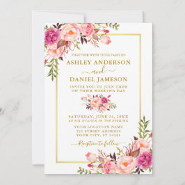 水モダン色ピンク赤面フローラ結婚写真 招待状