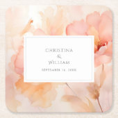 水モダン色ピーチフローラ結婚ズ スクエアペーパーコースター (正面)