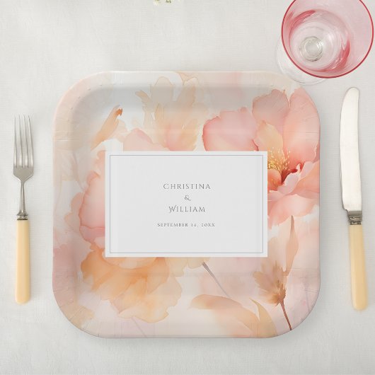 水モダン色ピーチフローラ結婚ズ ペーパープレート