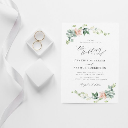 水モダン色ピーチフローラ結婚式招待状 招待状