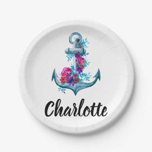 水モダン色フローラいかりイラストレーション ペーパープレート (正面)