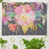 水モダン色フローラと金ゴールド幾何学的キューブ。 キッチンタオル (折り畳み)