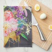 水モダン色フローラと金ゴールド幾何学的キューブ。 キッチンタオル (四つ折り)