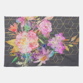 水モダン色フローラと金ゴールド幾何学的キューブ。 キッチンタオル (横)