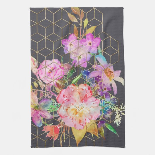 水モダン色フローラと金ゴールド幾何学的キューブ。 キッチンタオル (縦)