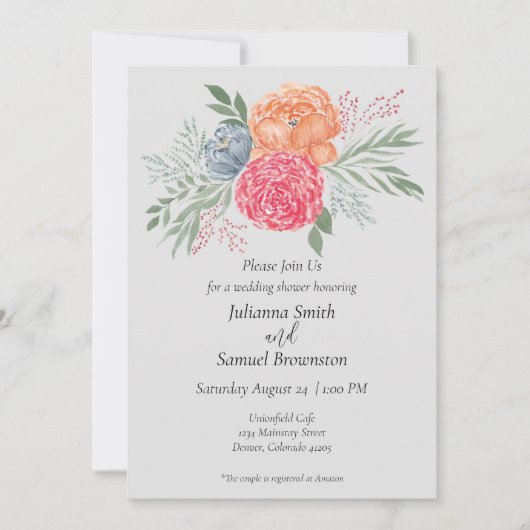 水モダン色フローラウェディングシャワー招待状 招待状 (正面)