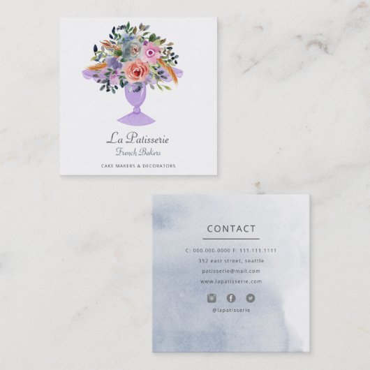 水モダン色フローラケーキスタンドベーカリーシェフ スクエア名刺 (正面/裏面)