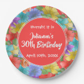 水モダン色フローラコーラルレッド30歳の誕生日 ペーパープレート (正面)