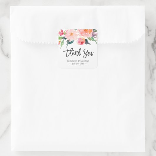 水モダン色フローラサンキュー結婚式の引き出物 スクエアシール (バッグ)
