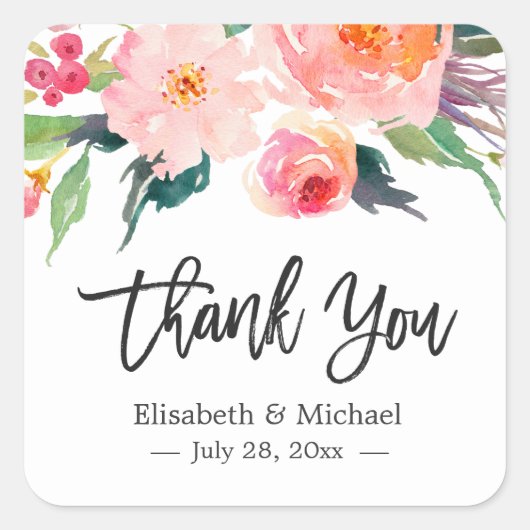 水モダン色フローラサンキュー結婚式の引き出物 スクエアシール (正面)