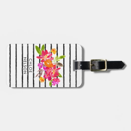 水モダン色フローラストライプパーソナライズされた ラゲッジタグ (正面横)