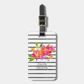 水モダン色フローラストライプパーソナライズされた ラゲッジタグ (正面縦)