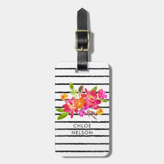 水モダン色フローラストライプパーソナライズされた ラゲッジタグ (正面縦)